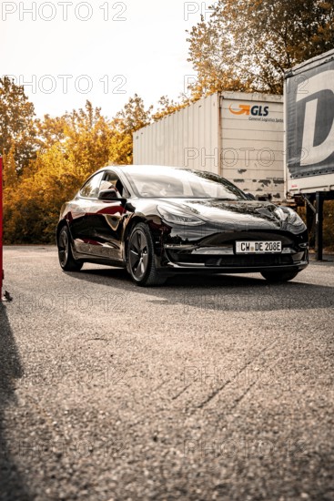 Black car on a road in a sunny autumn landscape, Deer e-Carsharing, Tesla Model 3, Calw, Germany