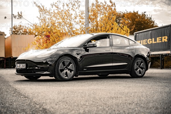 Elegant black car on a road with autumn trees in the background, Deer E-Carsharing, Tesla Model 3, Calw, Germany