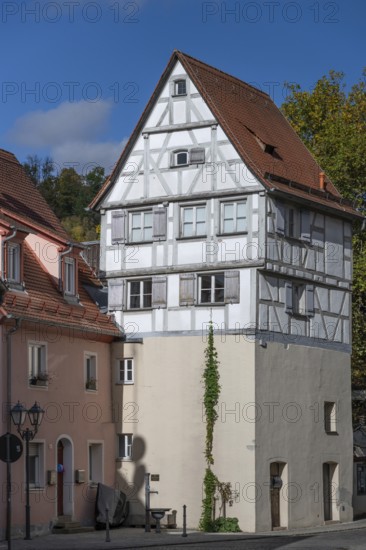 Part of the former 15th century city fortifications, half-timbered first half of the 19th century, Eisenhüttlein 19, Hersbruck, Middle Franconia, Bavaria, Germany