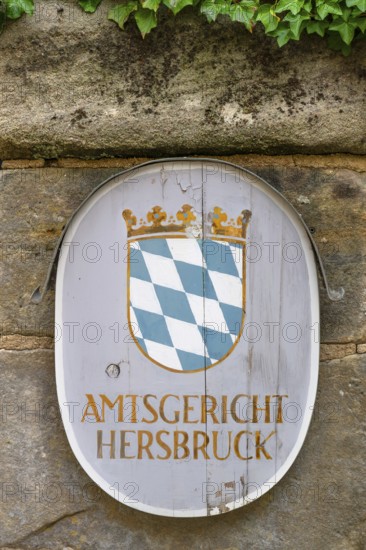 Bavarian coat of arms on the former castle, now district court, Hersbruck, Middle Franconia, Bavaria, Germany