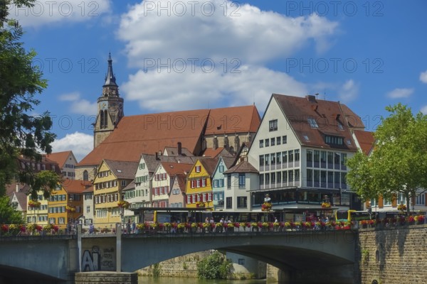 Eberhardsbrücke, Neckar, rear old town, houses, collegiate church, Tübingen, Baden-Württemberg, Germany