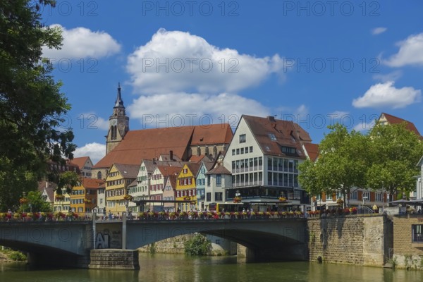 Eberhardsbrücke, Neckar bridge, river, flowing water, old town on the left back, houses, collegiate church, clouds, Tübingen, Baden-Württemberg, Germany