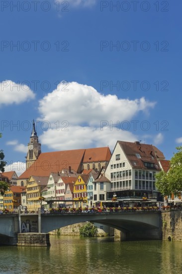 Eberhardsbrücke, Neckar bridge, river, flowing water, old town on the left back, houses, collegiate church, clouds, Tübingen, Baden-Württemberg, Germany