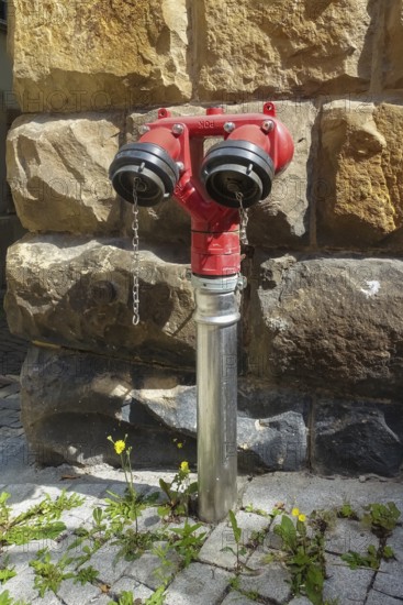 Hydrant, red faucet for extracting water, back masonry, paving stones, Tübingen, Baden-Württemberg, Germany