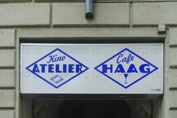 Sign, billboard, cinema studio, Cafe Haag, traditional house, writing, blue letters, Tübingen, Baden-Württemberg, Germany