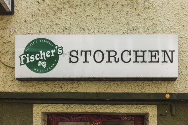 Storchen sign, façade, pub, traditional restaurant, Bierkneipe an der Ammer, Tübingen, Baden-Württemberg, Germany