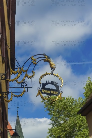Tavern sign, crooked bridge, old restaurant sign, gold decoration, figurines, filigree advertising sign for a restaurant, Tübingen, Baden-Württemberg, Germany