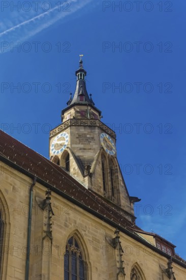 Collegiate church, church tower, clock, religious building, evangelical church, church, Tübingen, Baden-Württemberg, Germany