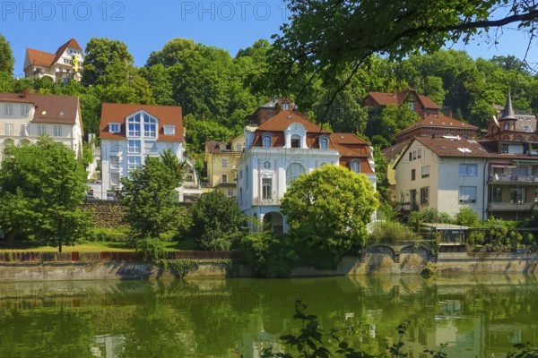 Houses in Gartenstraße, Neckar, river, flowing water, buildings, Tübingen, Baden-Württemberg, Germany