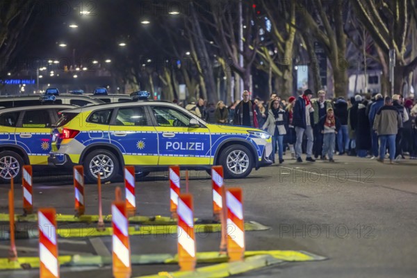 High-risk game at the MHP Arena Stuttgart. VfB Stuttgart will face Maccabi Tel Aviv's team in the Europa-League. Strong police forces secure the area around the stadium on Mercedesstraße. Police cars. Stuttgart, Baden-Württemberg, Germany