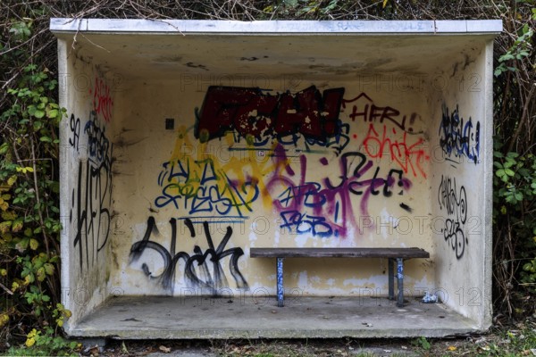 Bus shelters sprayed with Grafity, Müggenburg, Fischland-Darß-Zingst, Western Pomerania Lagoon Area National Park, Mecklenburg-Western Pomerania, Germany