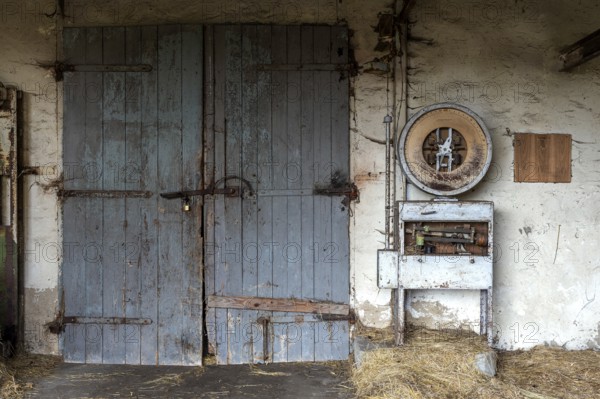 Building with wooden gate and old scale, dilapidated plant of a former agricultural production cooperative of the former GDR, LPG, Lost Place, Müggenburg, Fischland-Darß-Zingst, Western Pomerania Lagoon Area National Park, Mecklenburg-Western Pomerania, Germany