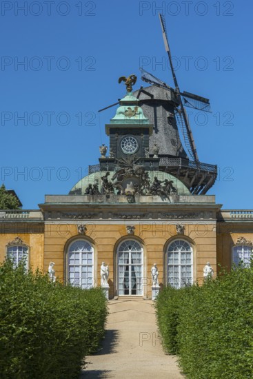 New chambers with historic windmill in Sanssouci Palace, Potsdam, Brandenburg