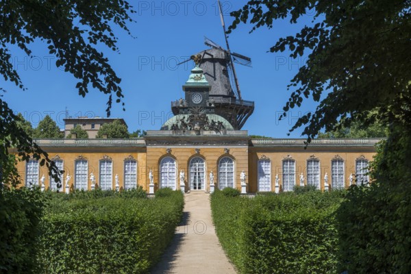 New chambers with historic windmill in Sanssouci Palace, Potsdam, Brandenburg