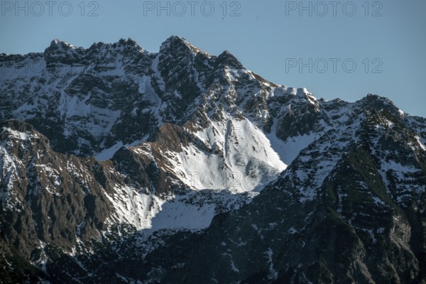 View from the high-altitude hiking trail from Bolsterlanger Horn to Riedberger Horn, back mountains of the Allgäu Alps with Nebelhorn and Rubihorn, Bolsterlang, Oberstdorf, Oberallgäu, Allgäu, Bavaria, Germany