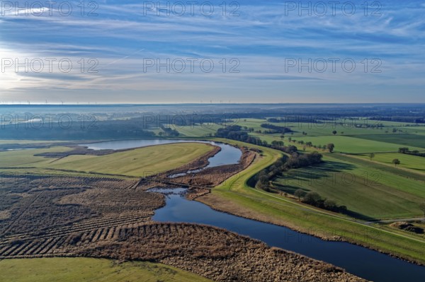 Radegaster Haken in the Elbe floodplain near Bleckede-Radegast on a clear winter day in the Elbe River Landscape Biosphere Reserve. aerial view. Bleckede-Radegast, Lower Saxony, Germany