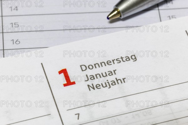 Calendar sheet with January 1, New Year, marked with ballpoint pen, diary