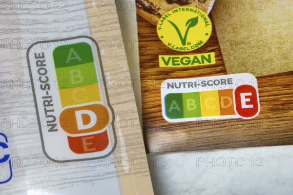 Vegan label with Nutri-Score scale on food packaging