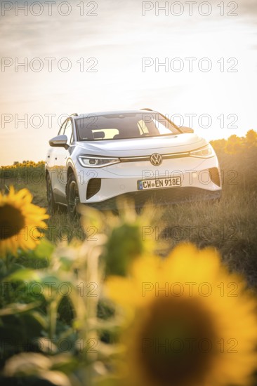 A white car is standing leaning against sunflowers at sunset, VW ID4 electric car, Deer Carsharing, Calw, Germany