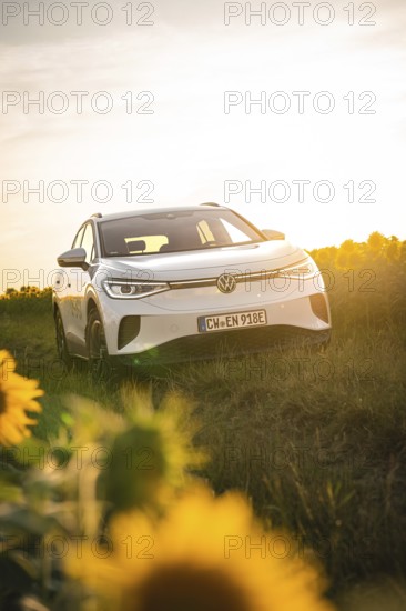 A white car is parked in a meadow near sunflowers at sunset, VW ID4 electric car, Deer Carsharing, Calw, Germany