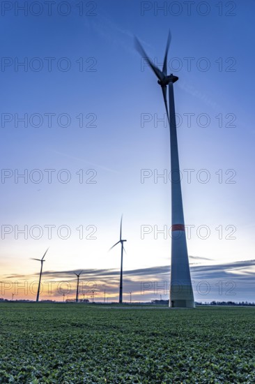 Sunset at Issum wind farm, Lower Rhine, North Rhine-Westphalia, Germany
