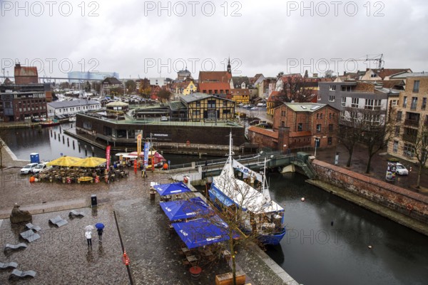 View of the ferry channel and houses of Stralsund Hanseatic City of Stralsund, Vorpommern-Rügen District, Mecklenburg-Western Pomerania, Germany