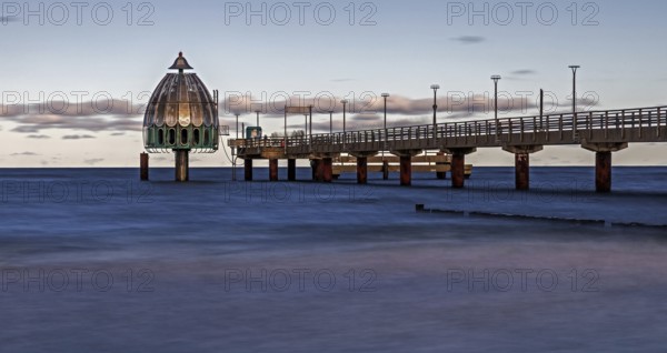 Pier with diving gondola, panorama, long exposure, evening light, Zingst, Fischland-Darß-Zingst, Western Pomerania Lagoon Area National Park, Mecklenburg-Western Pomerania, Germany
