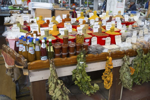 Market stand with a wide range of spices, herbs and pickled products, Akhaltsikhe market, Samtskhe-Javakheti region, Samtskhe-Javakheti, Georgia