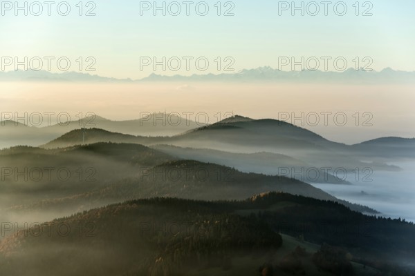 View from Belchen heading south of Wiesental and the Swiss Alps, morning atmosphere with fog in autumn, sunrise, Belchen, Black Forest, Southern Black Forest, Baden-Württemberg, Germany