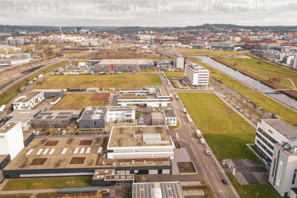 View of a new hospital with buildings and roads in an urban landscape, Böblingen, Germany