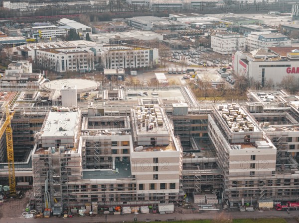 New hospital building with several buildings and cranes in an urban area, Böblingen, Germany