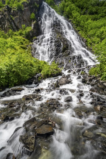 Bridalveil Falls waterfall, canyon, long exposure, Keystone Canyon, Richardson Highway, Alaska, USA