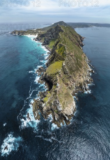 Aerial view, cliffs and sea at Cape of Good Hope, Cape Point Lighthouse, Cape Peninsula, Cape Point Nature Reserve, Cape Town, South Africa