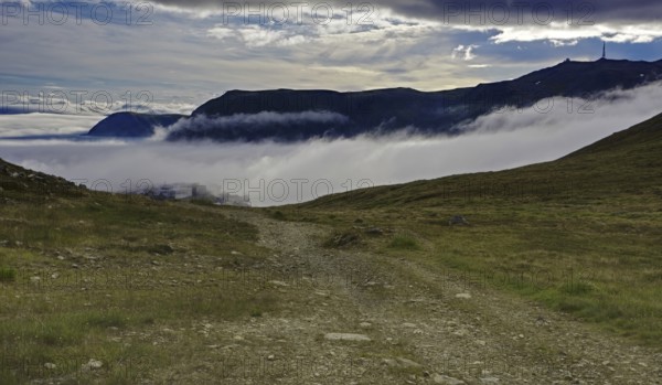 Trail through green hills under a misty sky, Honningsvag