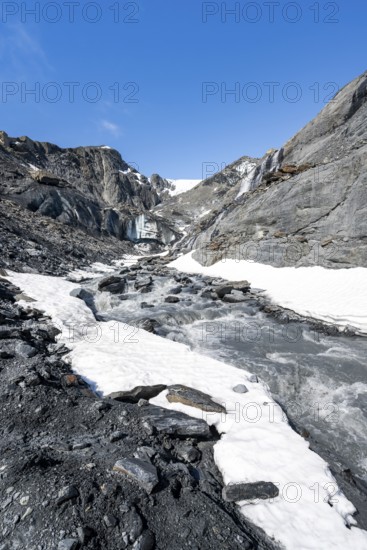 Glacier ice and glacier stream with waterfall, Worthington Glacier Glacier, Worthington Glacier State Recreational Site, Chugach Mountains, Alaska, USA