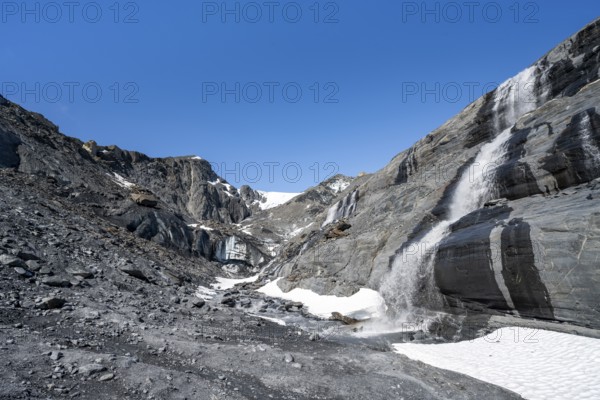 Glacier Ice and Waterfall, Worthington Glacier, Worthington Glacier State Recreational Site, Chugach Mountains, Alaska, USA