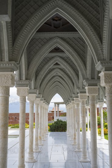 Detailed view of a vaulted corridor with intricately carved stone columns and arches, Rabati Fortress, Akhaltsikhe, Samtskhe-Javakheti region, Samtskhe-Javakheti, Georgia