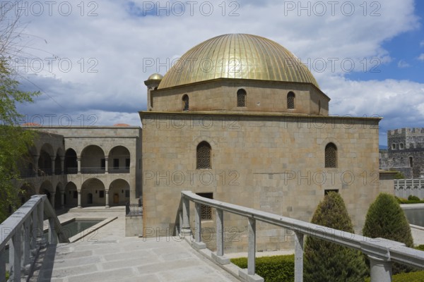 Historic building with golden dome and surrounding gardens under blue skies, Rabati Fortress, Akhaltsikhe, Samtskhe-Javakheti region, Samtskhe-Javakheti, Georgia