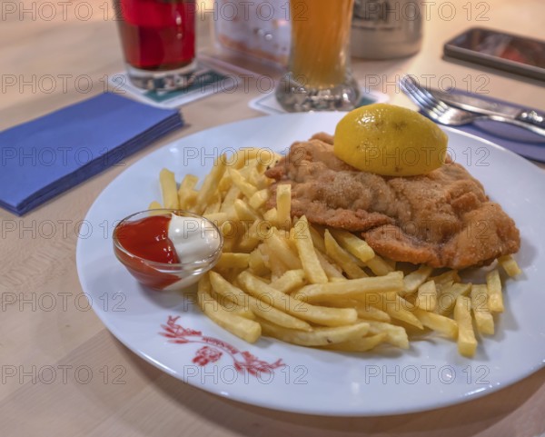 Wiener schnitzel with French fries, ketchup and mayonnaise, Franconia, Bavaria, Germany