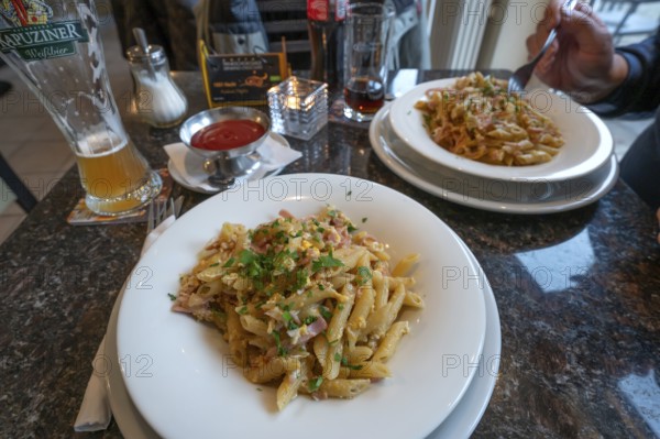 Ham noodles served in a café, Lauf an der Pegnitz, Middle Franconia, Bavaria, Germany