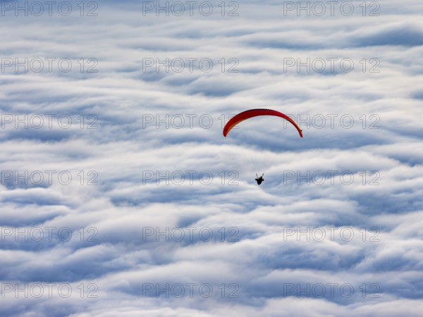 Paragliding flying over a sea of fog, Gaisberg, Salzburg, Salzburger Land, Austria