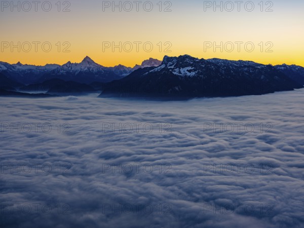 Dusk in the mountains, in the Fog Sea Valley, Berchtesgaden Alps with Watzmann, Hochkalter and Untersberg, Upper Bavaria, Germany