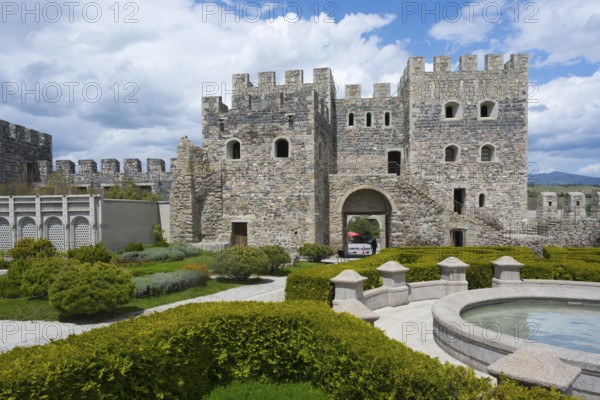 Historic stone fortress with round tower, well-kept garden and round fountain, Rabati fortress, Akhaltsikhe, Samtskhe-Javakheti region, Samtskhe-Javakheti, Georgia