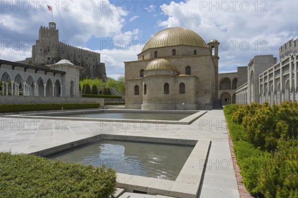 Building ensemble with golden dome, stone arcades and water basin in front of a fortress, Rabati Fortress, Akhaltsikhe, Samtskhe-Javakheti region, Samtskhe-Javakheti, Georgia