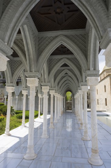 Impressive marble in an arcade under a blue sky with carved details on the pillars, Rabati Fortress, Akhaltsikhe, Samtskhe-Javakheti region, Samtskhe-Javakheti, Georgia