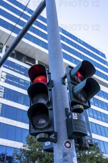 Traffic light at Ernst Reuter Platz in Berlin-Charlottenburg, frog-eye view, Berlin, Germany