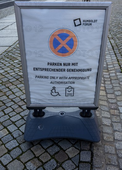 Information sign in front of the parking lot at Humboldt Forum in Berlin Mitte, Germany