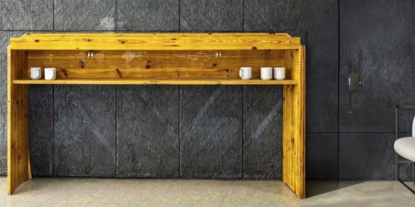 Temporary wooden rack with empty coffee cups on an interior construction site, Berlin, Germany