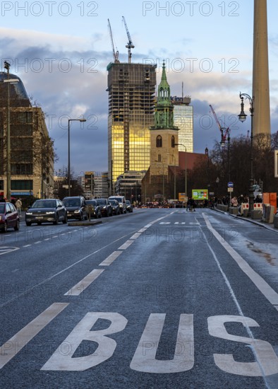 Unter den Linden bus lane, construction site of the new office complex on Alexanderplatz, Berlin, Germany
