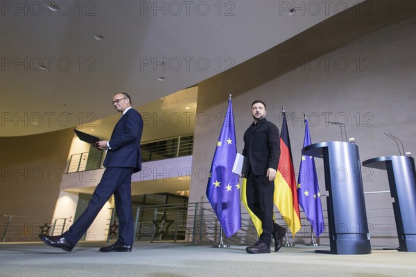 Friedrich Merz (Chancellor of the Federal Republic of Germany) and Volodymyr Zelensky (President of Ukraine) leave the press conference at the Federal Chancellery after the 8th German-Ukrainian Economic Forum, 15.08.2025